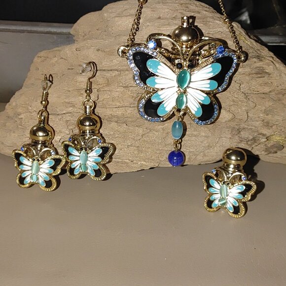 Perfume Butterfly Statement Jewelry Set Necklace Earring Ring Enamel Detailing - Picture 1 of 11